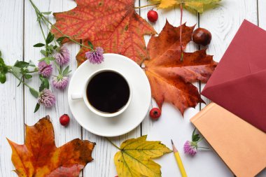 Bir fincan kahve, renkli yaprakları ve iyi bilenmiş bir kalem ile açık bir dizüstü bilgisayar ile bir fotoğraf