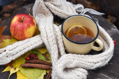 Bir enamalled fincan sıcak çay, sonbahar yaprakları, bej örme eşarp, bir elma ve tarçın bir ağaç kütüğü üzerinde parlak açık fotoğraf 