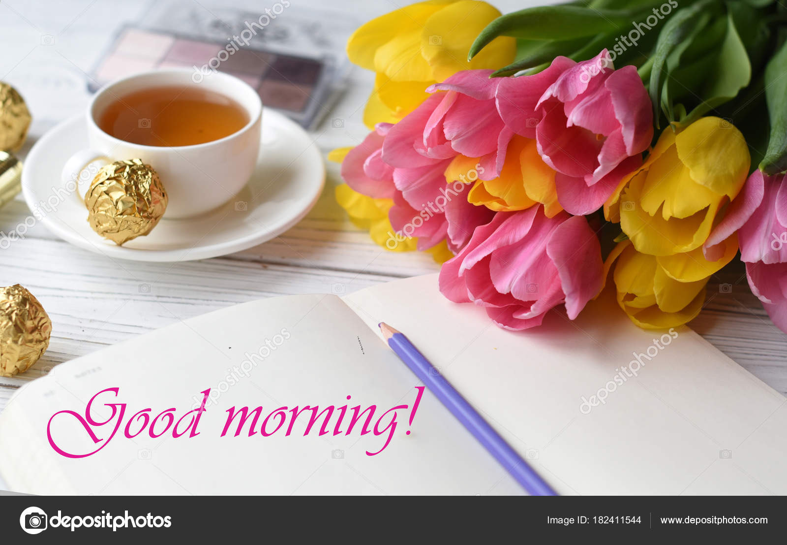 Greeting Card Good Morning Photo Tulips Cup Tea Note Book Stock ...