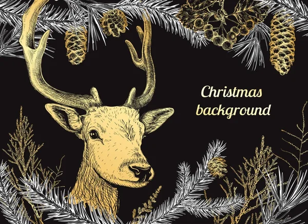 Weihnachten handgezeichneten Hintergrund mit Hirsch — Stockvektor