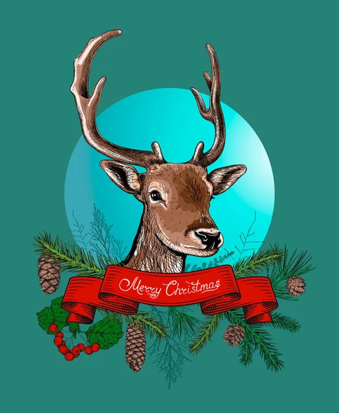 Weihnachten handgezeichneten Hintergrund mit Hirsch — Stockvektor