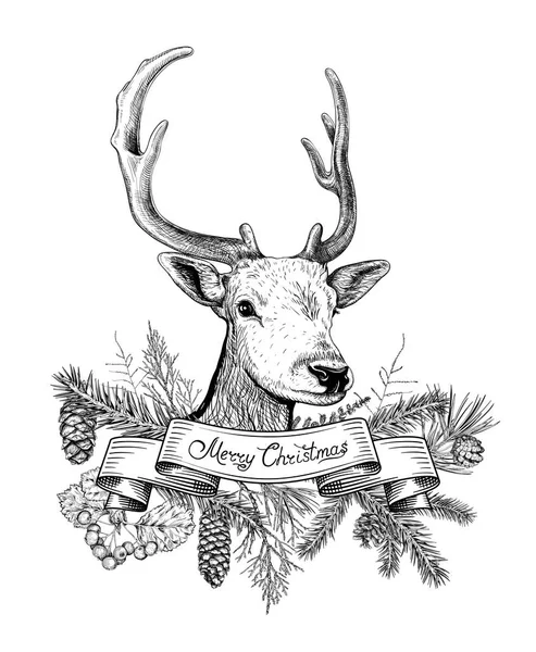 Natal tangan digambar latar belakang dengan rusa - Stok Vektor