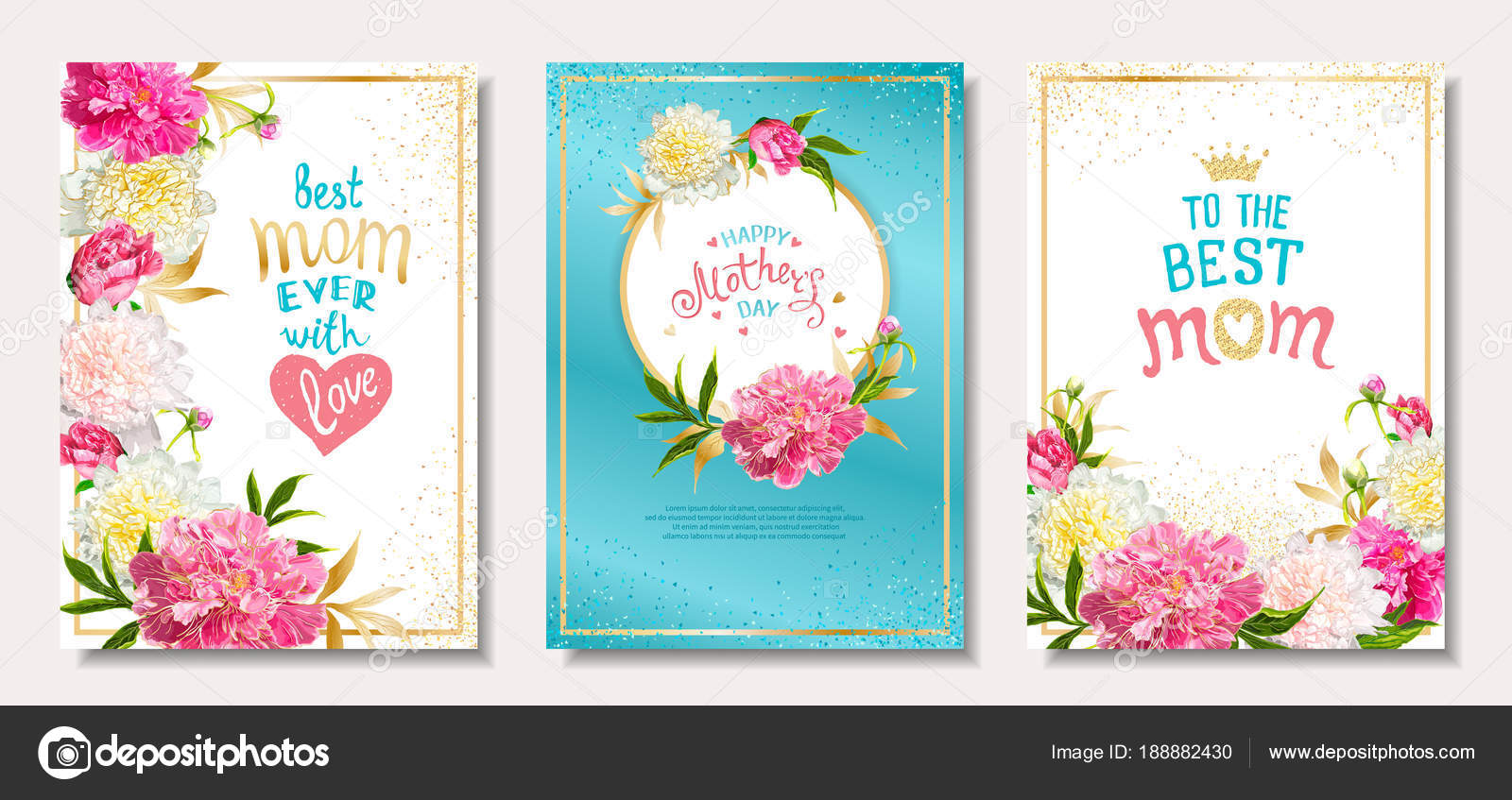 Glücklich Muttertag Satz von drei Vorlagen mit rosa Pfingstrose Blumen handgezeichnete Beschriftungen fuer beste Mama Goldrahmen und und Pailletten