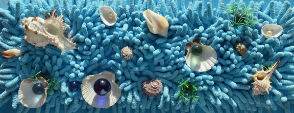 Sea shell  abstract design on a textured turquoise blue backgrou
