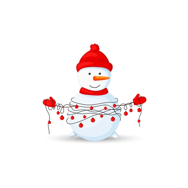 Bonhomme de neige avec des guirlandes dans les mains sur fond blanc — Image vectorielle