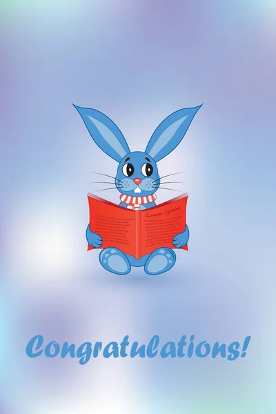 Carte de vœux. Lapin bleu avec un livre rouge — Image vectorielle