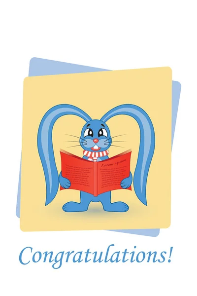 Carte de vœux. Lapin bleu avec un livre rouge — Image vectorielle