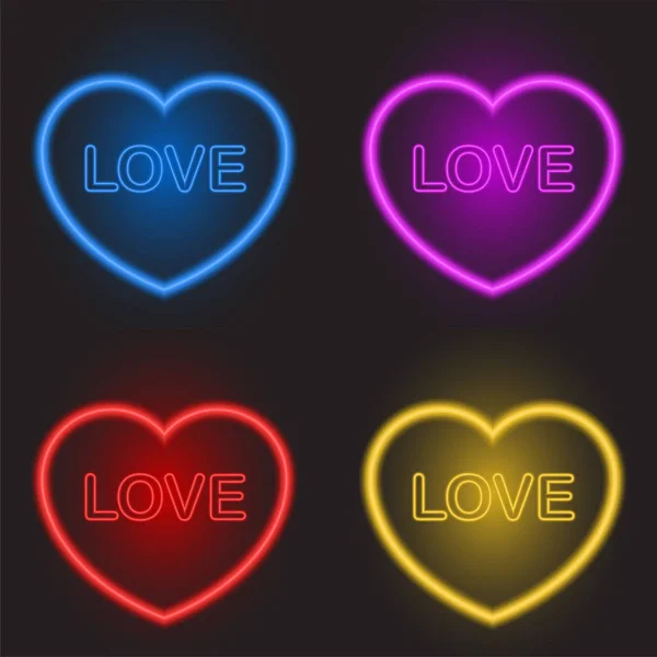 Neon hearts in different colors on Valentines day set — Stock Vector