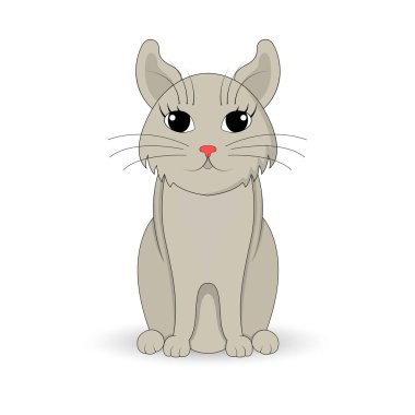 Gri kedi oturuyor. Çizgi film maskot. Beyaz arka plan üzerinde izole illüstrasyon