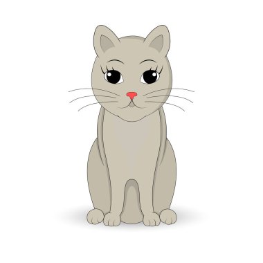 Gri kedi oturuyor. Çizgi film maskot. Beyaz arka plan üzerinde izole illüstrasyon