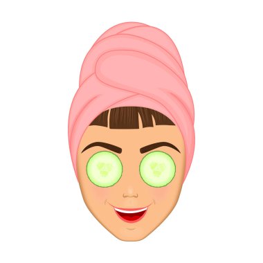 Kız umurunda ve korur onun yüzü ile çeşitli eylemler, yüz, tedavi, güzellik, sağlıklı, hijyen, yaşam tarzı, seti, bir havlu ile salatalık