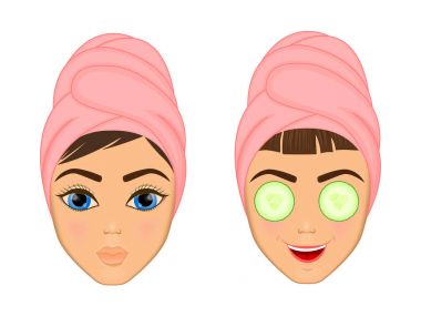Kız umurunda ve korur onun yüzü ile çeşitli eylemler, yüz, tedavi, güzellik, sağlıklı, hijyen, yaşam tarzı, seti, bir havlu ile salatalık