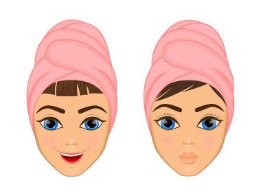 Kız umurunda ve korur onun yüzü ile çeşitli eylemler, yüz, tedavi, güzellik, sağlıklı, hijyen, yaşam tarzı, seti, bir havlu ile salatalık