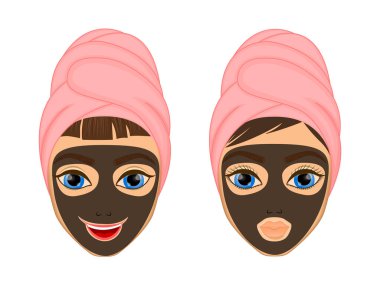 Kız umurunda ve korur onun yüzü ile çeşitli eylemler, yüz, tedavi, güzellik, sağlıklı, hijyen, yaşam tarzı, ayarlama, havlu, siyah maskeli,