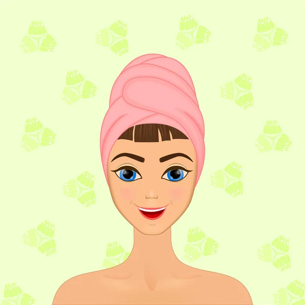 Meisje geeft en beschermt haar gezicht met verschillende acties, facial, behandeling, schoonheid, gezond, hygiëne, lifestyle, stelt in een handdoek, komkommer — Stockvector