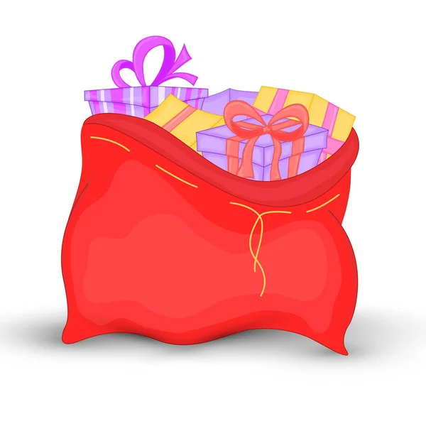 Bolsa de Santa Claus está lleno de brillantes regalos con lazos para los niños. ilustración de la bolsa roja de Navidad. colección de año nuevo. aislado sobre fondo blanco — Vector de stock