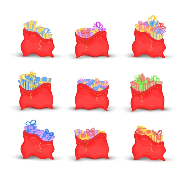 Bolsas de juego Santa Claus está lleno de brillantes regalos con lazos para los niños. ilustración de bolsas rojas de Navidad. colección de año nuevo. aislado sobre fondo blanco — Vector de stock