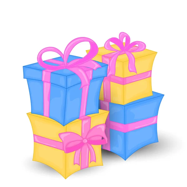 Conjunto vectorial de diferentes cajas de regalo envueltas coloridamente.Hermosa Navidad y caja de regalo de año nuevo con arco abrumador. Ilustración vectorial . — Vector de stock
