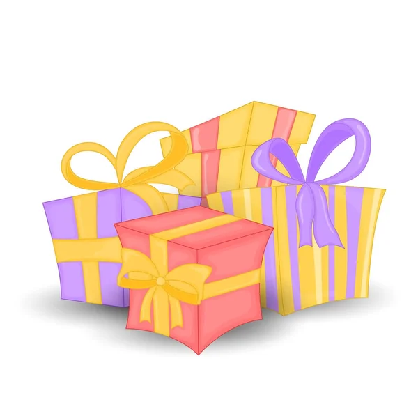 Conjunto vectorial de diferentes cajas de regalo envueltas coloridamente.Hermosa Navidad y caja de regalo de año nuevo con arco abrumador. Ilustración vectorial . — Vector de stock