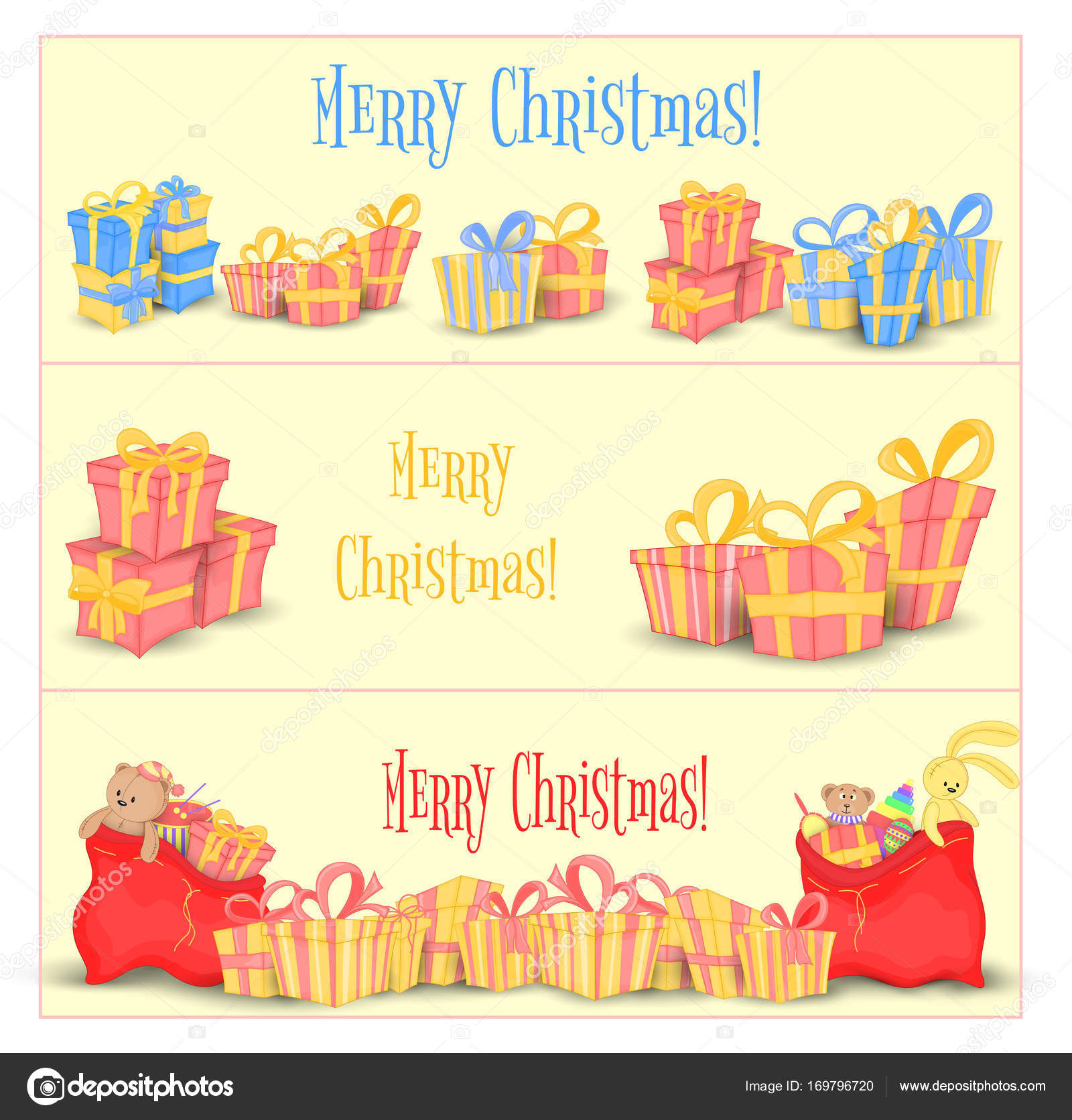 set of banners for website and cards with christmas gifts and bags