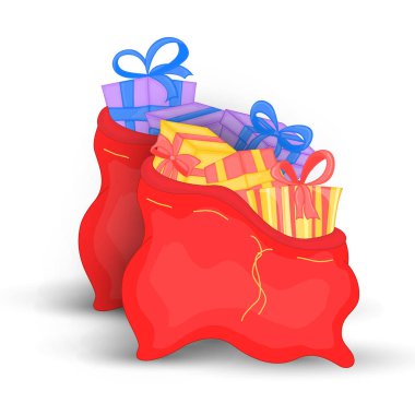 et ile çeşitli Noel hediyeleri kırmızı çanta. Noel Baba'nın sevimli Noel çanta. Kutuları üzerinde doğum günü. Beyaz bir arka plan üzerinde izole.