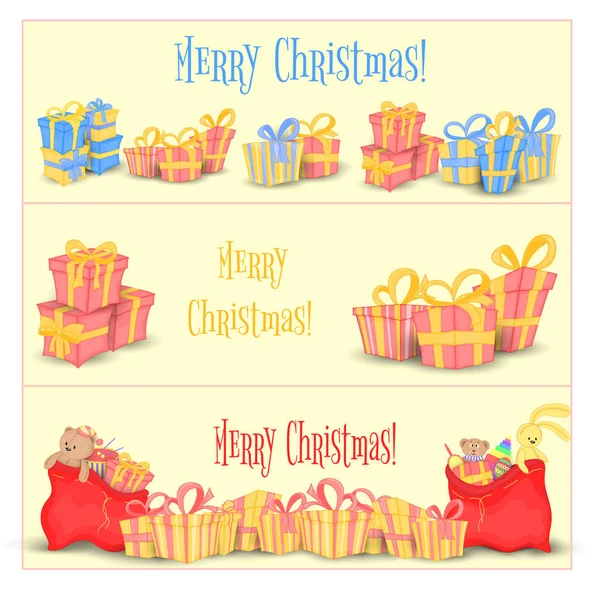 Conjunto de banners para sitio web y tarjetas con regalos de Navidad y bolsas de Santa Claus. Cajas lindas para cumpleaños y San Valentín. Plantillas para texto y saludos. Aislado sobre un fondo blanco — Vector de stock