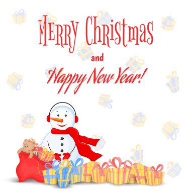 Eşarp, çizme, eldiven ve kulaklık kardan adam. Yeni yıl, yılbaşı için kartpostal. Beyaz arka plan üzerinde izole nesneleri. Metin, tebrikler için şablon. Hediyeler ve oyuncaklar çuvalı ile Quencies