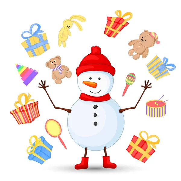 Bonhomme de neige en écharpe, bottes, mitaines, et un chapeau. carte postale pour la nouvelle année et Noël. Objets isolés sur fond blanc. Cadeaux de dessin animé mignon pour l'anniversaire. Ours en peluche — Image vectorielle
