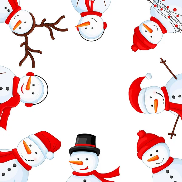 Bonhomme de neige en écharpe, bottes, mitaines, chapeau et cravate. carte postale pour la nouvelle année et Noël. Objets isolés sur fond blanc. Cadre pour une photo. Modèle pour votre texte et vos salutations . — Image vectorielle