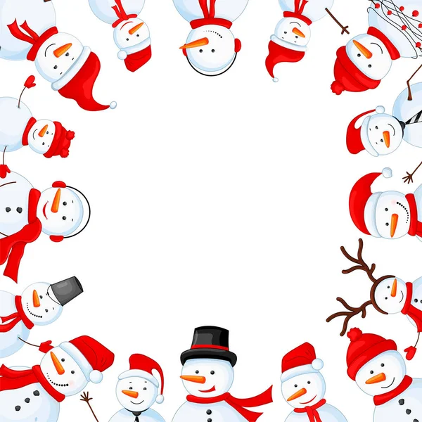 Snögubbe i halsduk, stövlar, vantar, mössa och slips. Vykort för nyår och jul. Isolerade objekt på vit bakgrund. Ram för ett foto. Mall för din text och hälsningar. — Stock vektor