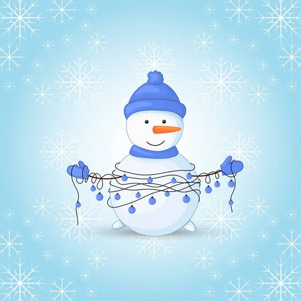 Hóember, sál, csizma, ujjatlan, és egy kalap és a füzér a kezükben. Képeslap-karácsonyi és újévi. Izolált objektumokat, fehér háttér. — Stock Vector
