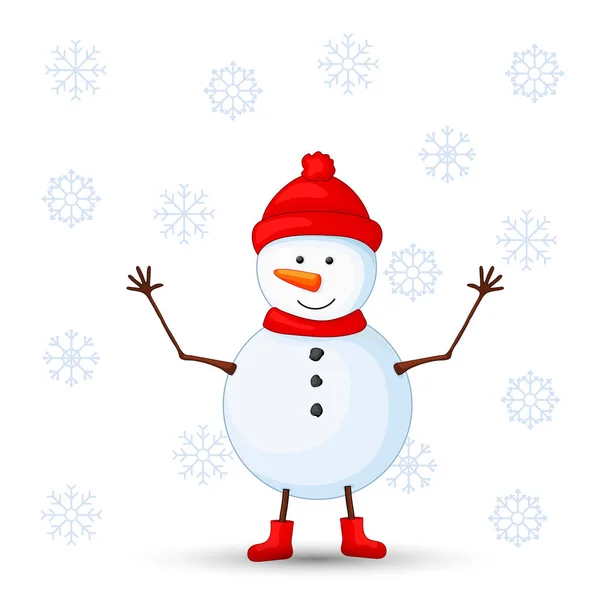 Muñeco de nieve con bufanda, botas. postal para el nuevo año y la Navidad. Objetos aislados sobre fondo blanco. Plantilla para texto y felicitaciones . — Archivo Imágenes Vectoriales
