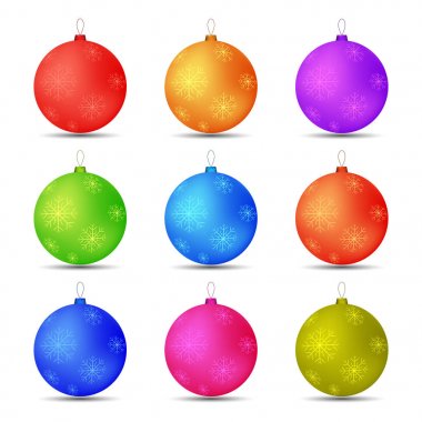 Bir dizi Noel oyuncağı topları farklı renklerde kar taneleri
