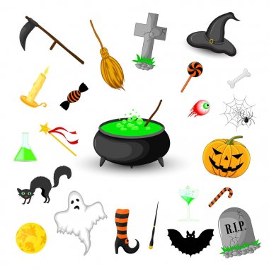 Beyaz arka plan üzerinde izole Cadılar Bayramı nesneleri kümesi