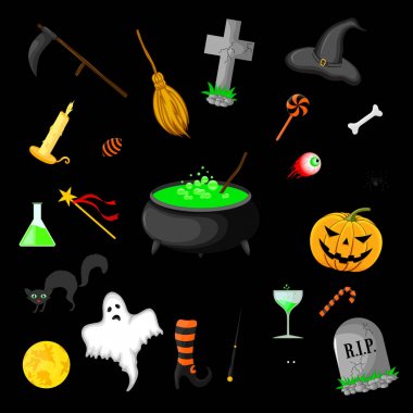 siyah arka plan üzerine izole Cadılar Bayramı nesneleri kümesi