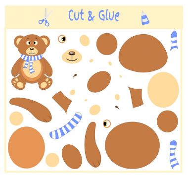 Eğitim kağıt okul öncesi çocukların gelişimi için oyun. Görüntü ve tutkal kağıt üzerinde bölümlerini kesip. Vektör çizim. Makas ve yapıştırıcı aplike oluşturmak için kullanın. Eşarp ayı. Teddy
