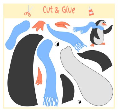 Eğitim kağıt okul öncesi çocukların gelişimi için oyun. Görüntü ve tutkal kağıt üzerinde bölümlerini kesip. Vektör çizim. Makas ve yapıştırıcı aplike oluşturmak için kullanın. Fularlı penguen
