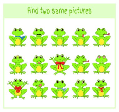 Vektör çizim, bulma iki tam olarak aynı resimler eğitim etkinliği kurbağa ile okul öncesi çocuklar için çizgi film