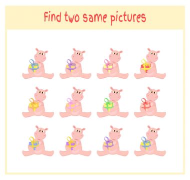 Vektör çizim, bulma iki tam olarak aynı resimler eğitim etkinliği suaygırları ve hediyeler ile okul öncesi çocuklar için karikatür