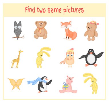 Vektör çizim, bulma iki tam olarak aynı resimler eğitim etkinliği hayvanlar baykuş ile okul öncesi çocuklar için çizgi film, Teddy, ayı su aygırı, Fox, zürafa, Penguen, kelebek