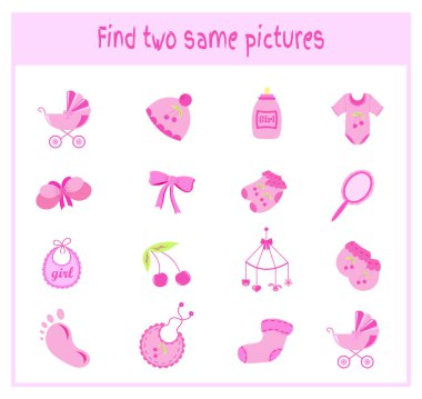 Vektör çizim, bulma iki tam olarak aynı resimler eğitim etkinliği okul öncesi çocuklar için öğeleri ile çocuklar ve bebekler için çizgi film.