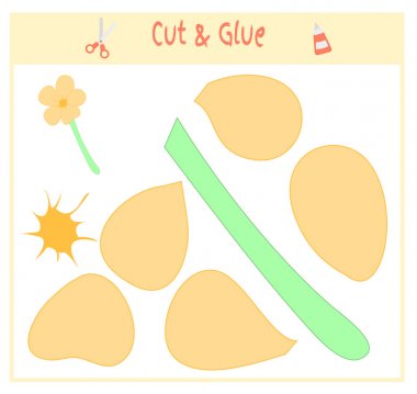 Eğitim kağıt okul öncesi çocukların gelişimi için oyun. Görüntü ve tutkal kağıt üzerinde bölümlerini kesip. Vektör çizim. Makas ve yapıştırıcı applique.flowers oluşturmak için kullanın