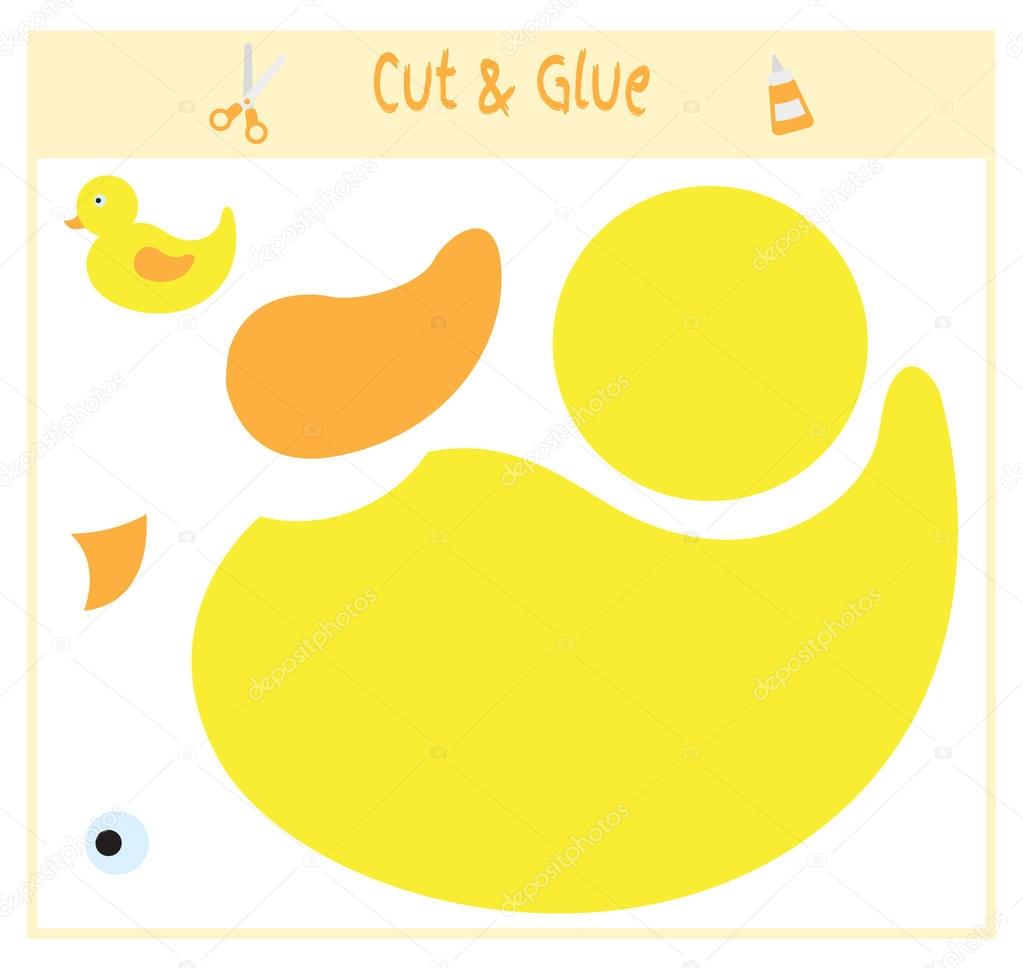 Education paper game for the development of preschool children. Cut parts of the image and glue on the paper. Vector illustration. Use scissors and glue to create the applique. duck