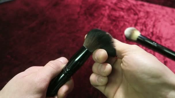 Makyaj fırça, fırçalar farklı boyutlarda kozmetik için ayarlayın. bir makyaj sanatçısı araçlarına genel bakış. — Stok video