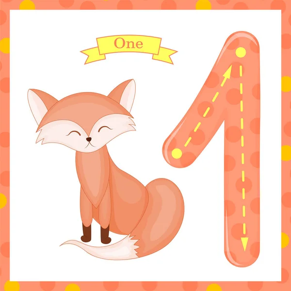 Niños lindos Flashcard número uno rastreando con 1 Fox para que los niños aprendan a contar y escribir. aprender los números 0-10, Tarjetas Flash, actividades educativas preescolares, hojas de trabajo para niños — Archivo Imágenes Vectoriales