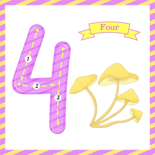 Симпатичная детская карточка номер один с четырьмя грибами для малышей, которые учатся считать и писать. изучение цифр 0-10, флеш-карты, образовательные дошкольные мероприятия, рабочие листы для детей — стоковый вектор