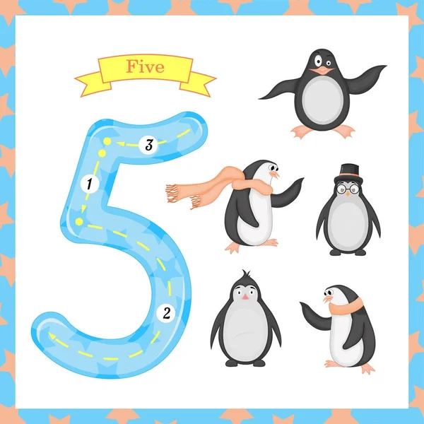 Bambini carini Flashcard numero uno tracciando con 5 pinguini per i bambini che imparano a contare e scrivere. apprendimento dei numeri 0-10, Flash Card, attività educative prescolastiche, fogli di lavoro per bambini — Vettoriale Stock