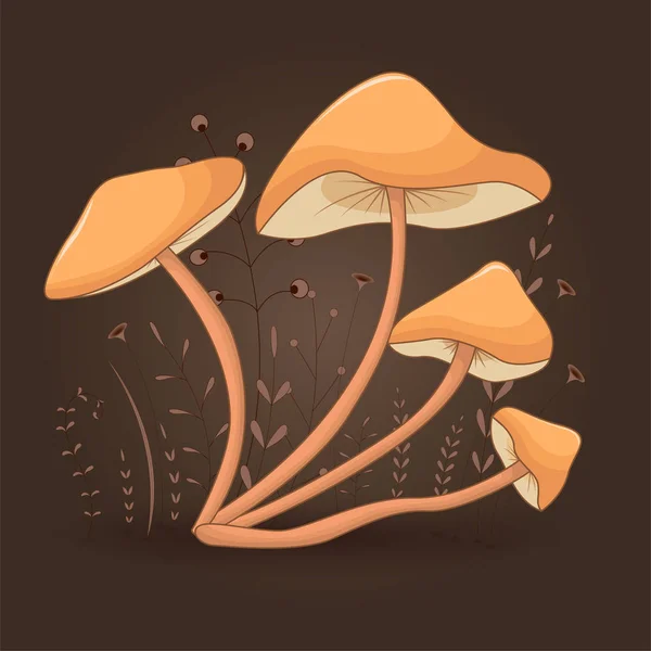Cartão com cogumelos mel agárico em um fundo floral com ramos e plantas. Fabuloso fundo com desenhos animados . —  Vetores de Stock