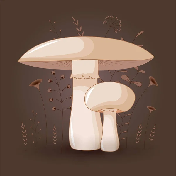 Cartão com champignon de cogumelos em um fundo floral com ramos e fábricas. Fabuloso fundo com desenhos animados . —  Vetores de Stock