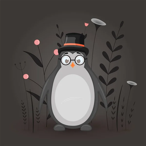 Geschenkpostkarte mit Zeichentricktier-Pinguin im Zylinder und Brille. dekorativen floralen Hintergrund mit Zweigen und Pflanzen. Postkarte mit Comicfiguren. das Layout der quadratischen Karten. — Stockvektor